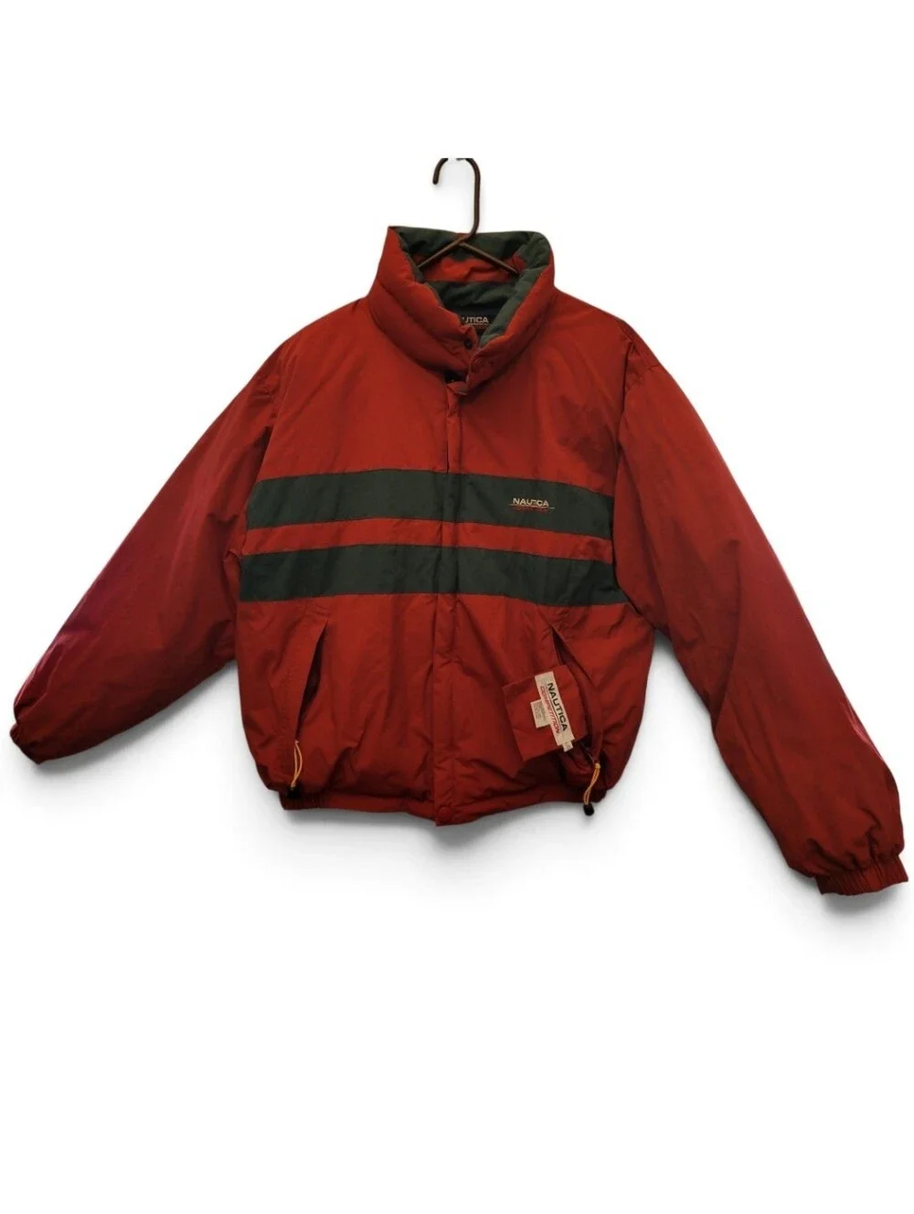 Nautica Red Competition Reversible 100% Down Jacket with Dark Green Stripes